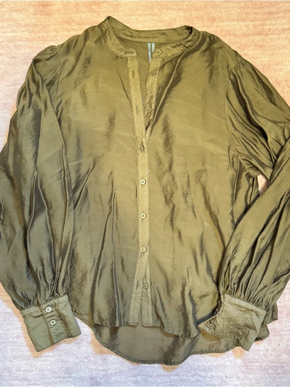Olive Green Button-Front Satin Blouse